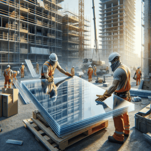 Trabajadores en un sitio de construcción manejando paneles de acrílico con equipo de seguridad en un entorno urbano | Acrilfrasa