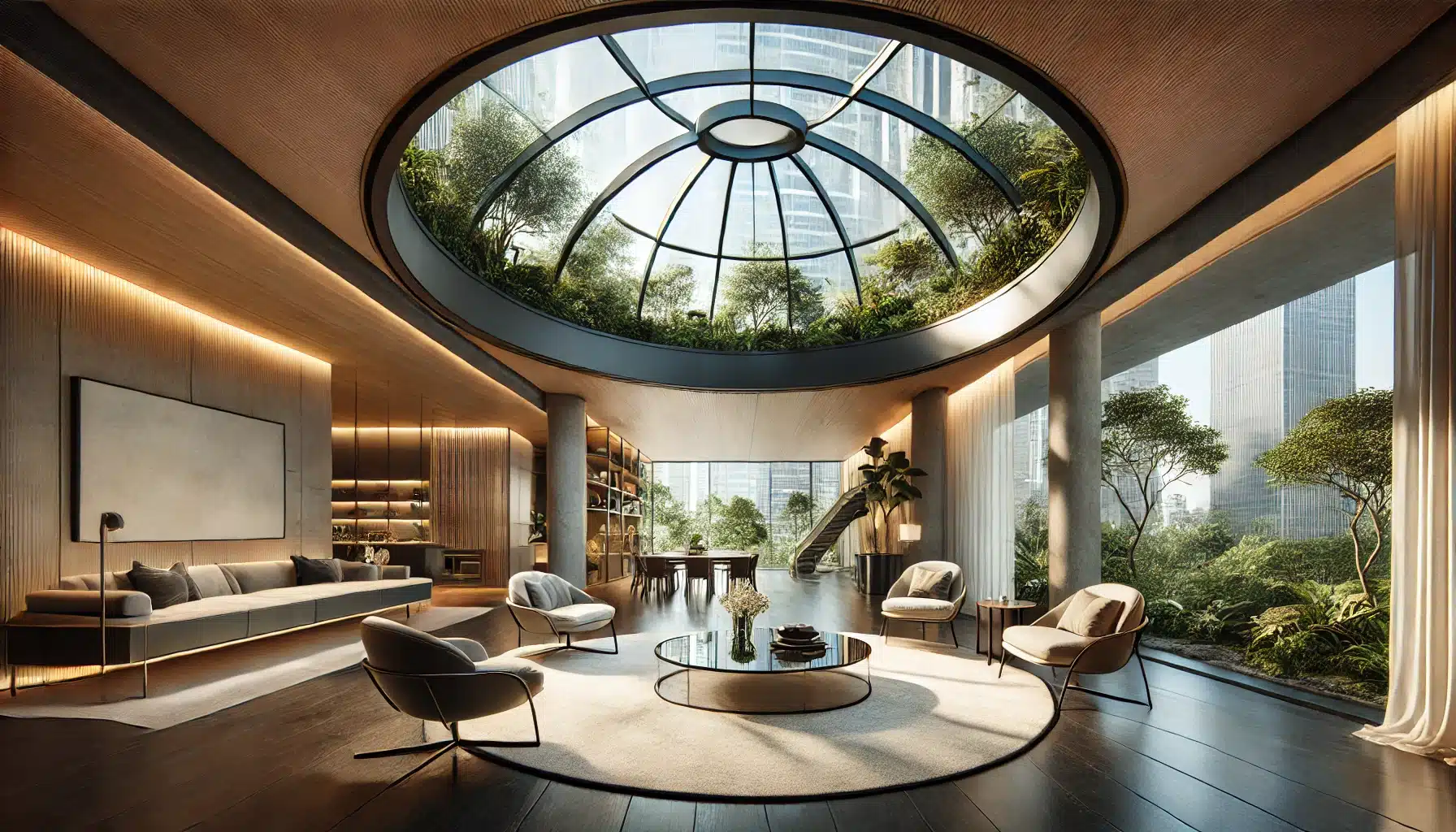 Espacio interior elegante con cúpula de vidrio templado, muebles modernos y vegetación | Acrilfrasa.
