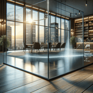 Oficina con ventanas de vidrio laminado. Resina de color en industria de vidrios en contra de la luz solar. | Acrilfrasa