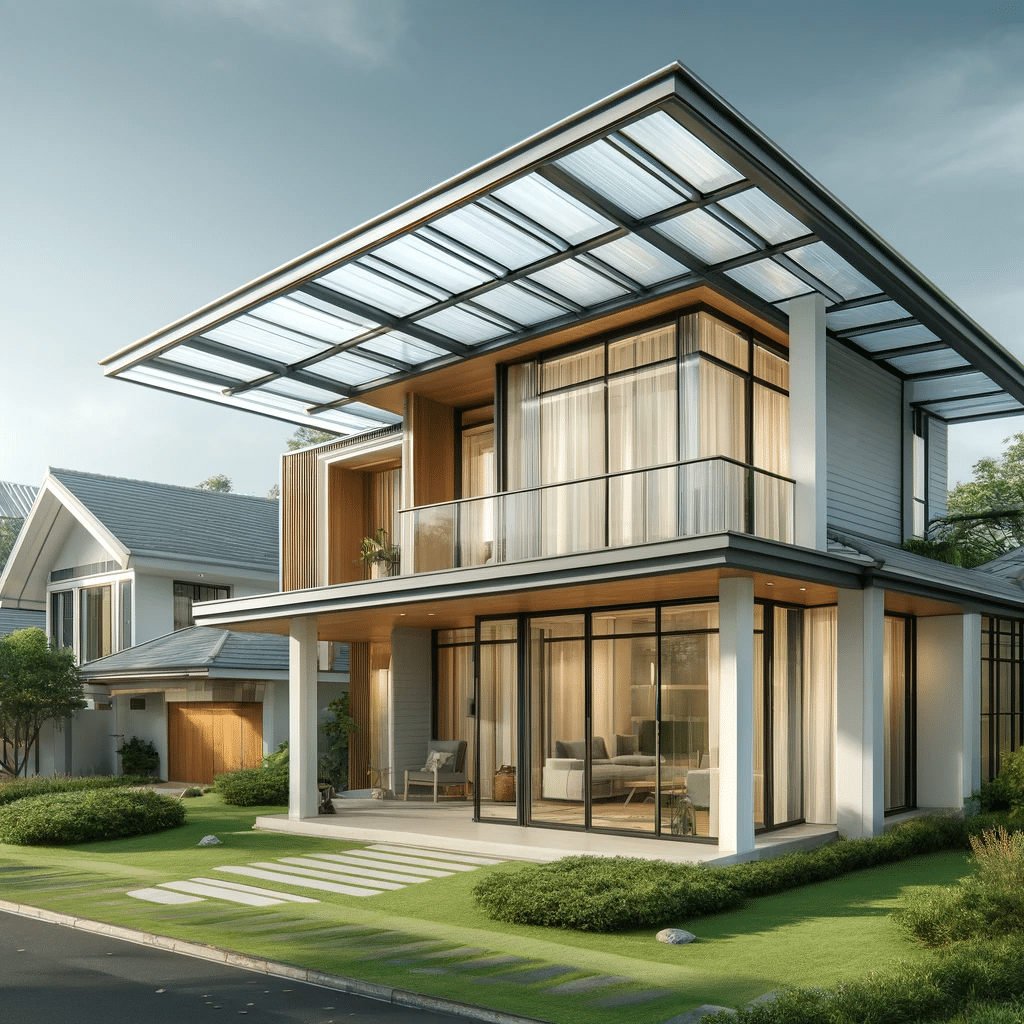 Casa moderna con techo de policarbonato. Cuidados de muros, resultado de introducción. | Acrilfrasa.