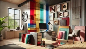 Habitación moderna con escritorio y paneles decorativos de láminas de acrílico coloridas. Punto de vista de innovación de diseño en el proceso PMMA | Acrilfrasa