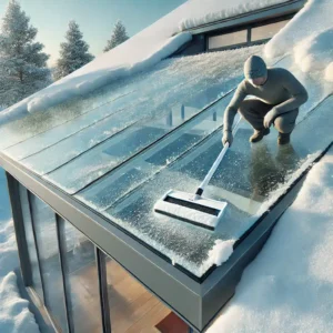 Persona retirando nieve de un techo de cristal templado en una casa moderna nevada. | Acrilfrasa