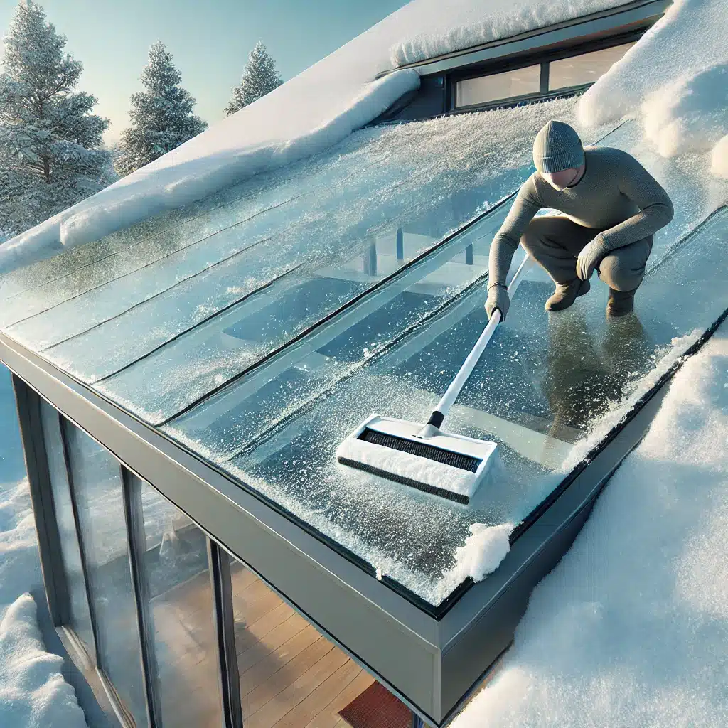 Persona retirando nieve de un techo de cristal templado en una casa moderna nevada. | Acrilfrasa