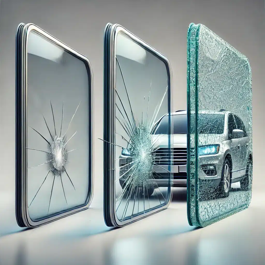 Comparación de vidrio templado, laminado y blindado en automóviles mostrando sus características | Acrilfrasa.