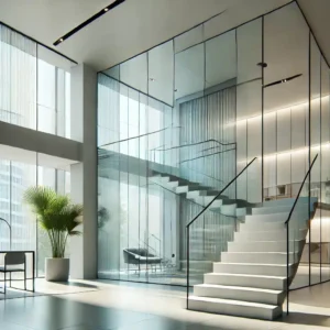 Interior moderno con barandal de escalera y ventanas de cristal templado. Edificio con eficiencia energética | Acrilfrasa.