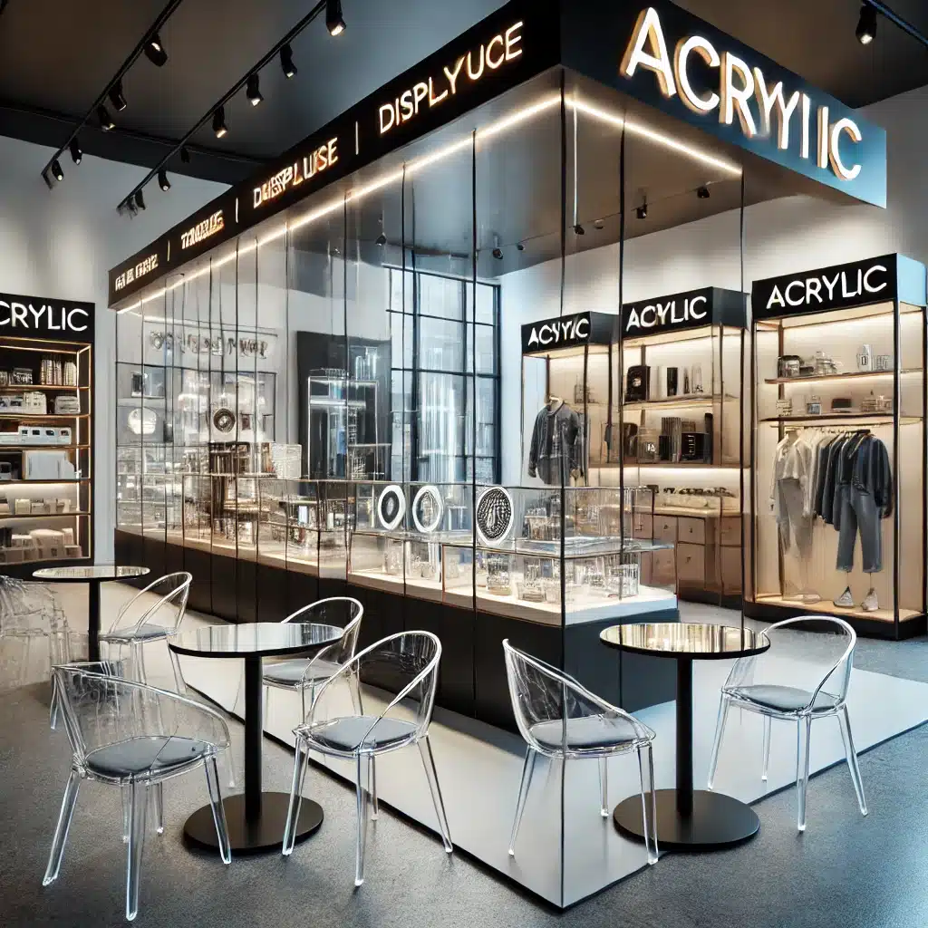 Establecimiento comercial moderno con fachadas, muebles y señalización de acrílico, mostrando su uso en tendencias actuales de diseño. Edificios con laminado y protección | Acrilfrasa