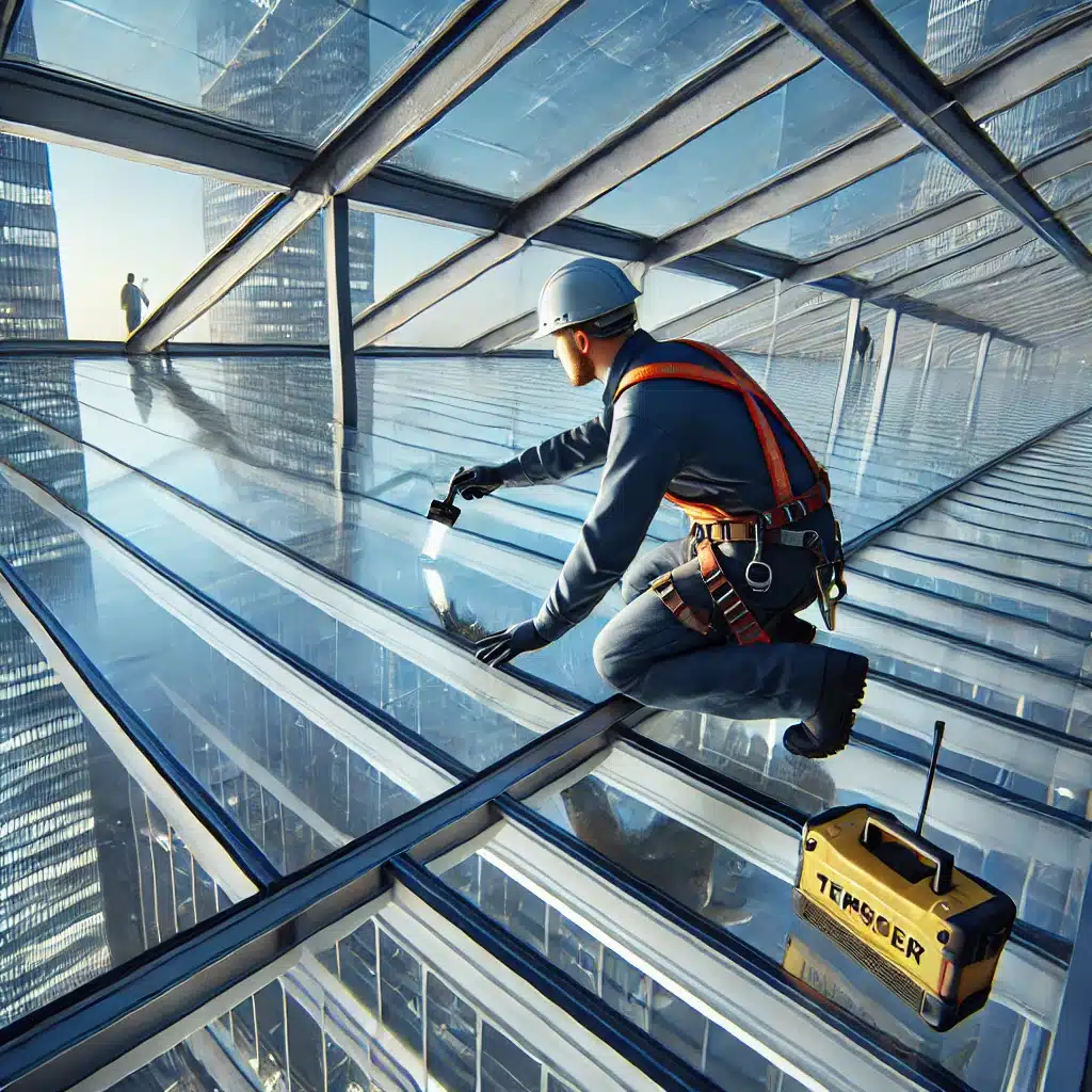 Inspector revisando un techo de cristal templado en un edificio moderno. | Acrilfrasa.