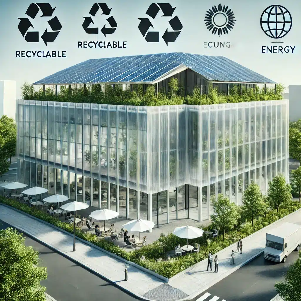 Edificio con paneles de policarbonato reciclable y eficiente en energía térmica. Concepto de empresa de forma general | Acrilfrasa.