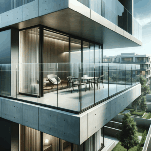Balcón moderno con barandillas de vidrio en un edificio residencial. | Acrilfrasa